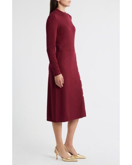 Julia Jordan Red Button Mock Neck Long Sleeve Midi Dress