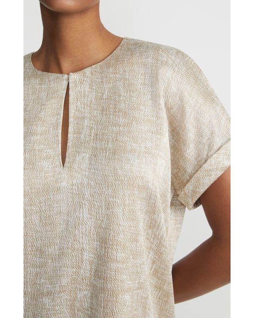 Lafayette 148 New York Natural Burlap Print Crinkle Stretch Silk Shift Dress