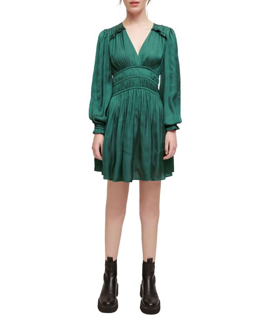 Maje Rianna Smock Waist Long Sleeve Satin Dress in Green | Lyst