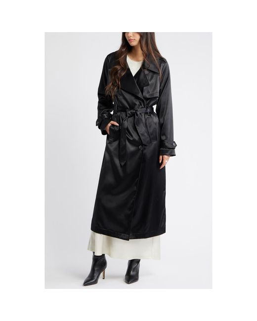 Open Edit Black Belted Satin Trench Jacket