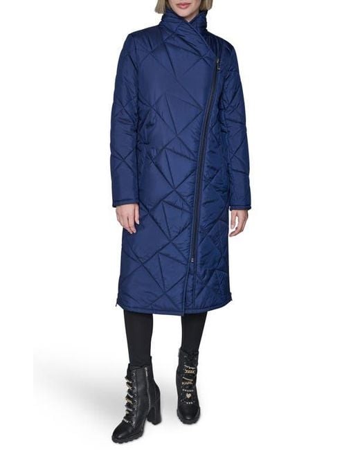 Karl Lagerfeld Blue Quilted Asymmetric Midi Coat