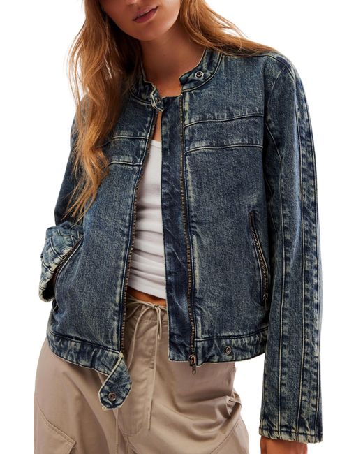 Free People Fast Lane Denim Moto Jacket in Blue