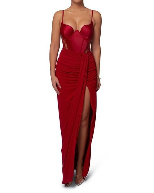 JLUXLABEL Red Incomparable Lace Inset Satin Bodysuit