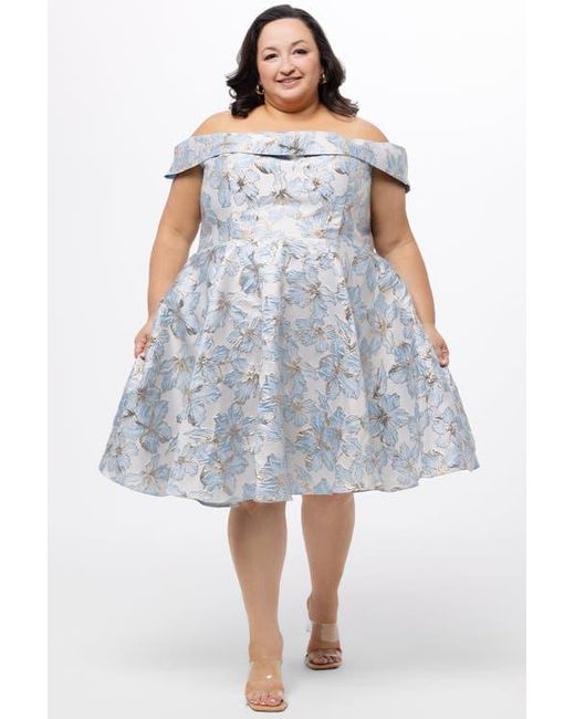 Celebrations by Sydneys Closet Blue Off-The-Shoulder Brocaade Plus Size Party Dress