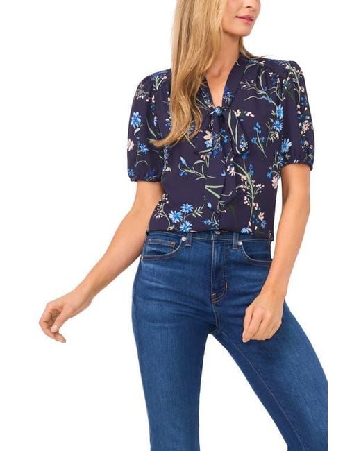 Cece Blue Floral Tie Neck Georgette Top