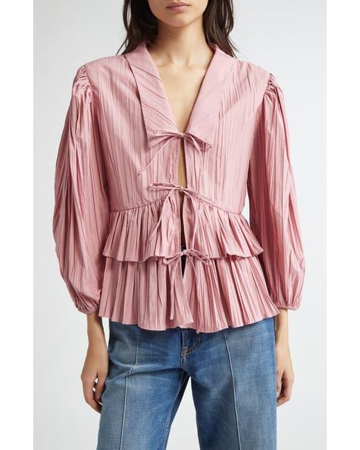 Stine Goya Red Plissé Tie Front Balloon Sleeve Top