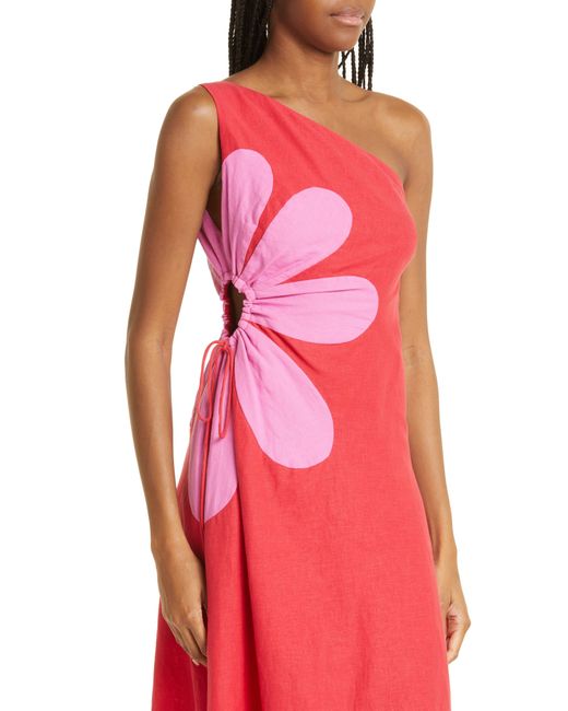 farm rio pink and red dress FARM Rio Cutout One-shoulder Bead-embellished Linen-blend Midi Dress in Red