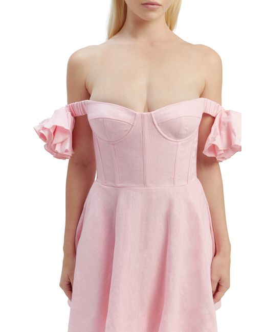 Bardot Pink Sigma Corset Off The Shoulder Linen Minidress