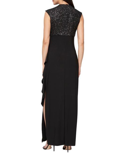 Alex Evenings Black Sequin Corded Lace Bodice Empire Waist Gown