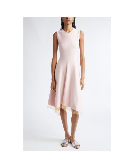 Alexander McQueen Pink Lace Trim Asymmetric Wool Blend Knit Dress