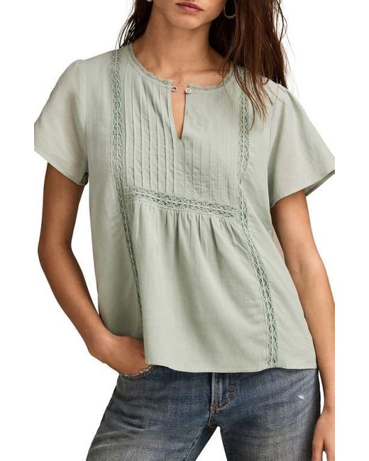 Lucky Brand Gray Pintuck Lace Trim Cotton Peasant Top