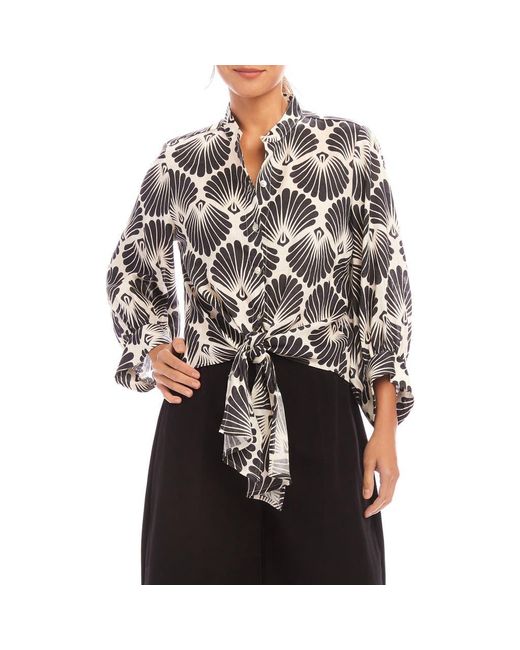 Karen Kane Black Shell Tie Front Linen Button-Up Top