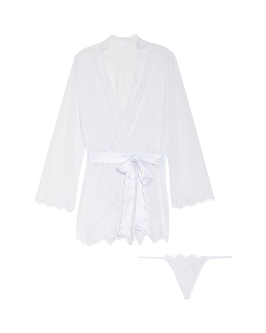 Oh La La Cheri White Lace Trim Mesh Robe & G-string Set