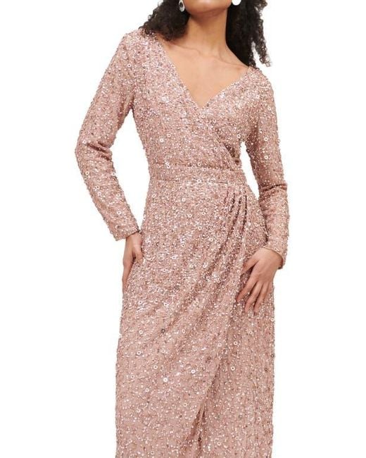 Beauut Pink Occasion Embellished Sequin Beaded Maxi Wrap With Sleeves Evening Dress