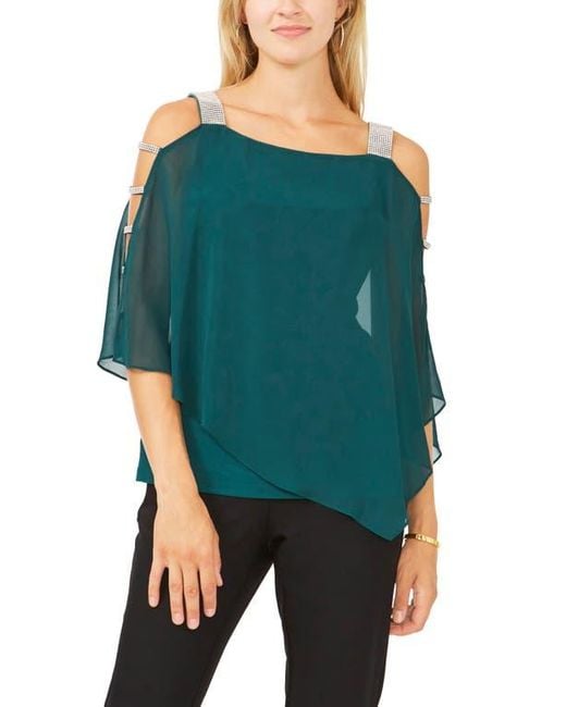 Chaus Women's Green Sparkle Strap Layered Chiffon Blouse