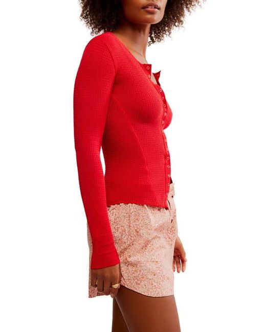 Free People Red Going Places Pointelle Stitch Snap Front Top