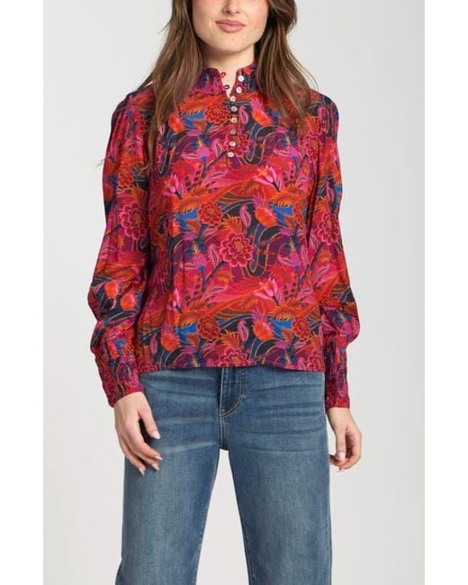 Apny Red Puff Shoulder Button Front Top