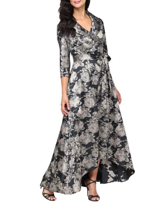 Alex Evenings Black Floral Jacquard High-Low Gown