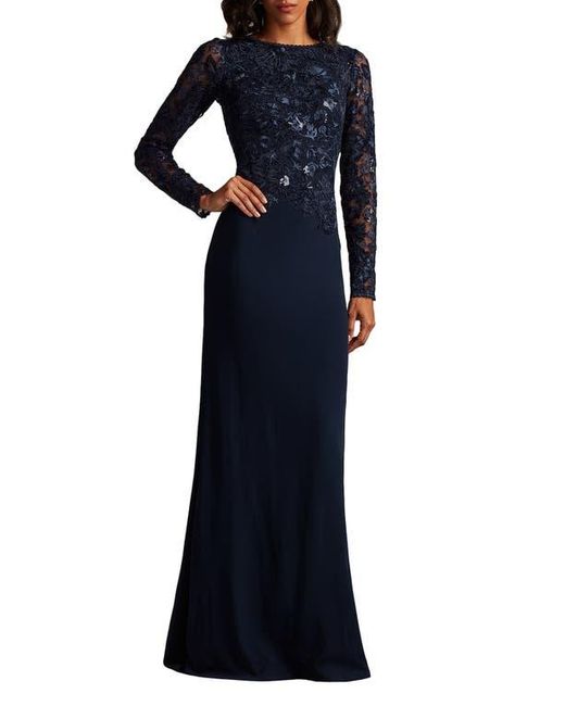 Tadashi Shoji Blue Embroidered Bodice Long Sleeve Gown
