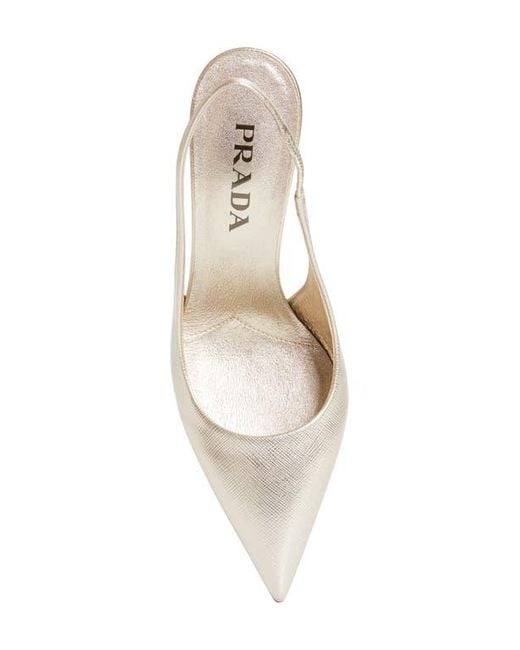 Prada White Saffiano Metallic Leather Slingback Pump
