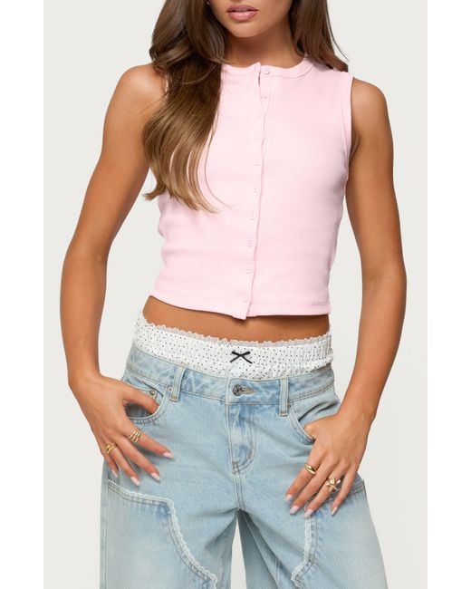 Edikted Blue Basel Front Button Rib Crop Top
