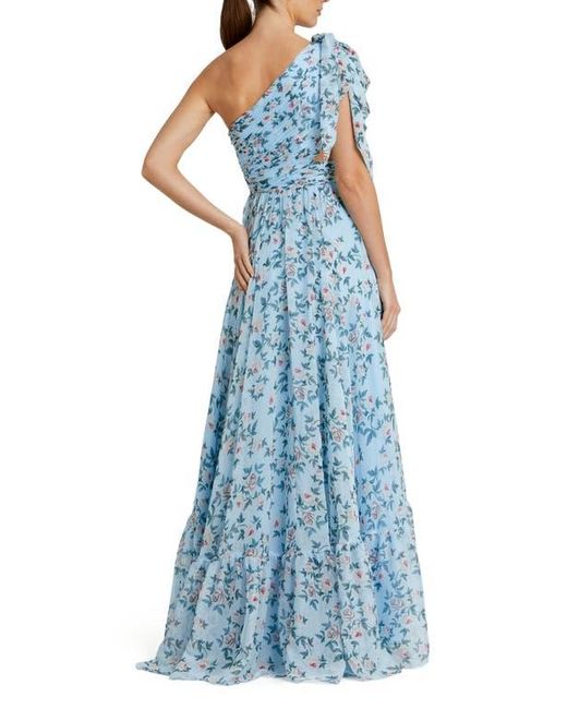 Mac Duggal Blue One-Shoulder Floral Chiffon A-Line Gown