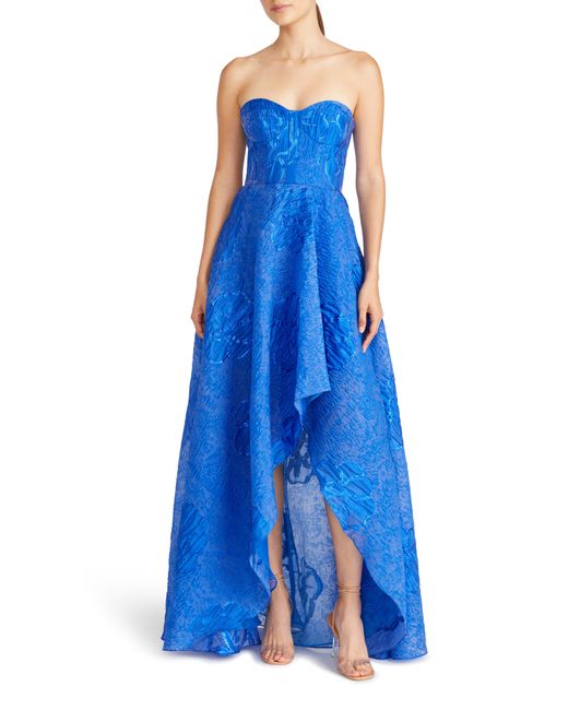 ML Monique Lhuillier Blue Ayla Metallic Floral Jacquard Strapless High-low Gown