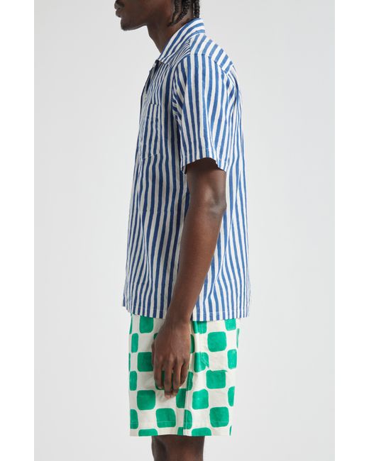 Drake's Blue Block Stripe Cotton Camp Shirt for men