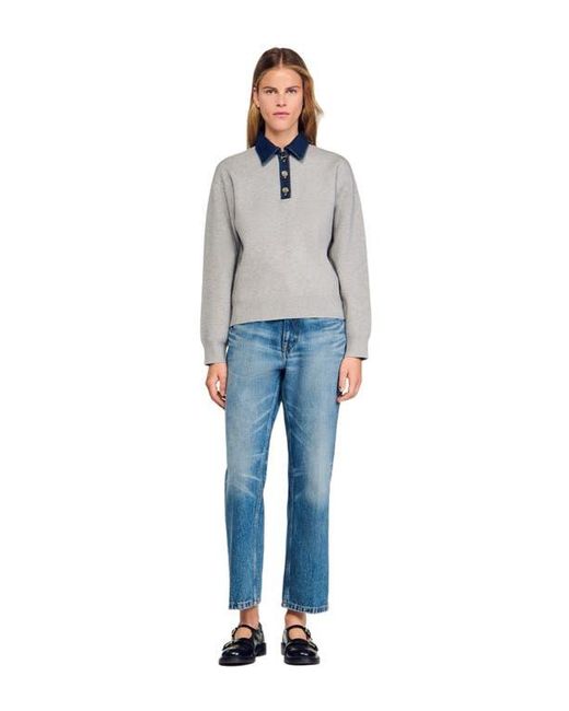 Sandro Blue Sweater With Denim Collar