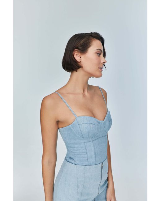 Jendue Blue Marvel Bodysuit Denim Top -Light Wash & Bustier Style