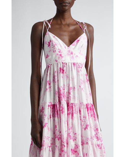 Erdem Pink Floral Print Strappy Tiered Dress