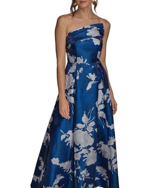 Donna Karan Blue Floral Print Strapless Gown