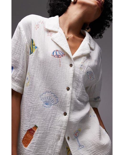 TOPSHOP Gray Resort Embroidered Cotton Camp Shirt