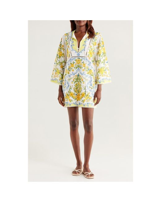 FARM Rio Women's Yellow Sicily Floral Linen Blend Cover-Up Minidress
