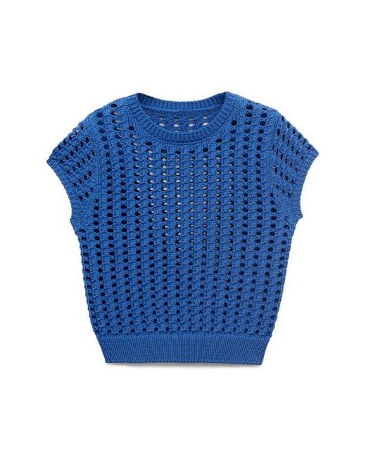 Mango Blue Short Sleeve Open Knit Sweater
