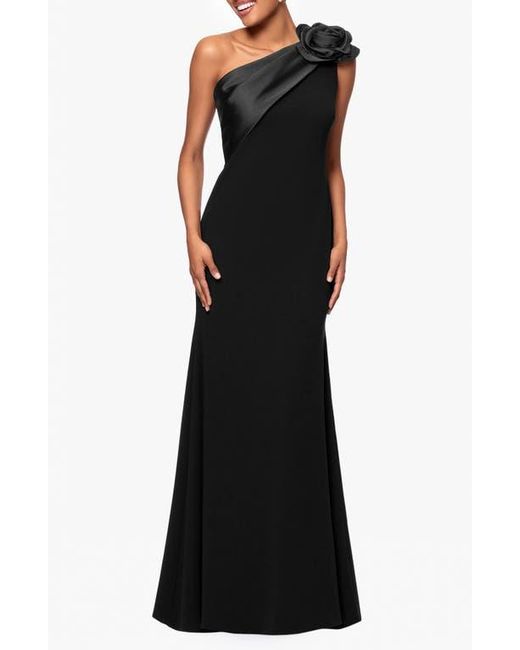 Betsy & Adam Black Rosette One-Shoulder Crepe Trumpet Gown