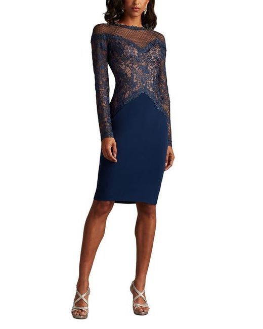 lace pintuck long sleeve cocktail dress tadashi shoji Tadashi Shoji Embroidered Lace Long Sleeve Cocktail Dress in Blue