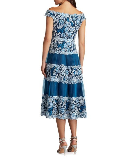 Tadashi Shoji Blue Embroidered Floral Lace Pleated Off The Shoulder Dress