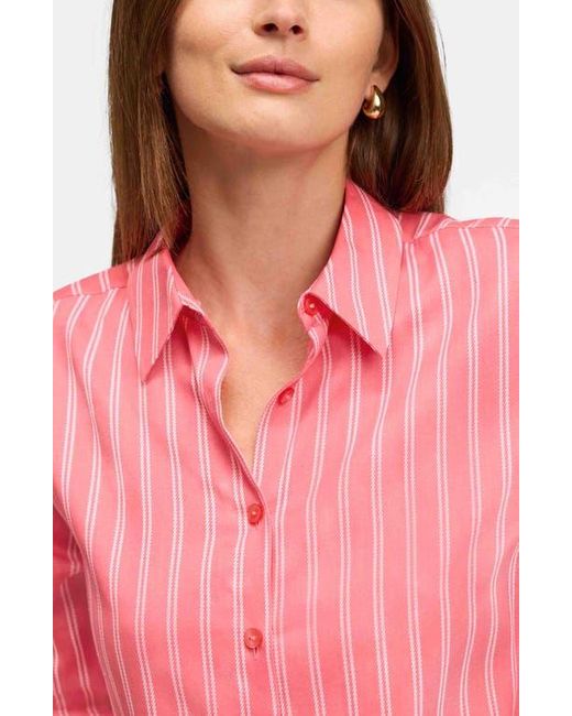 Foxcroft Pink Evelyn Stripe Three-Quarter Sleeve Cotton Button-Up Shirt