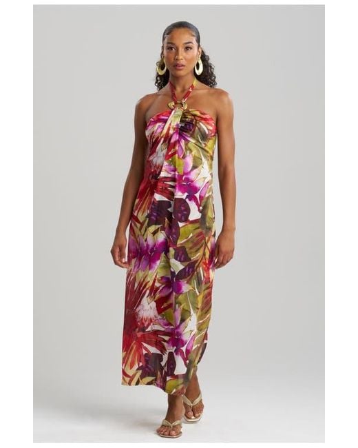 Natori Red Rainforest Maxi Cover-Up Halter Dress With Brass Ring