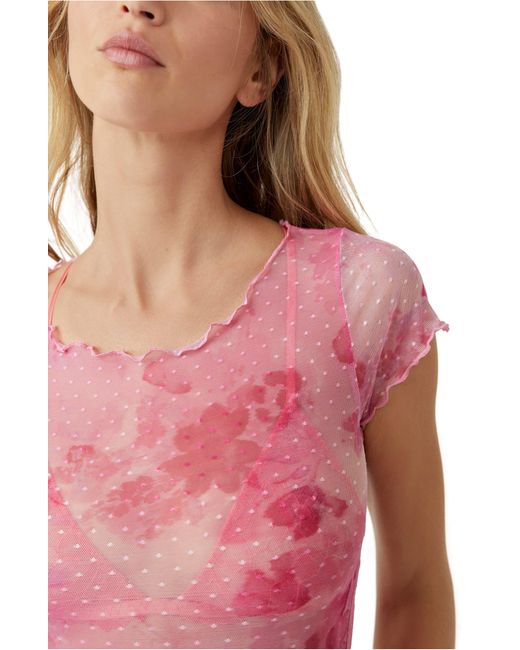 Free People Pink Print On The Dot Floral Mesh Top
