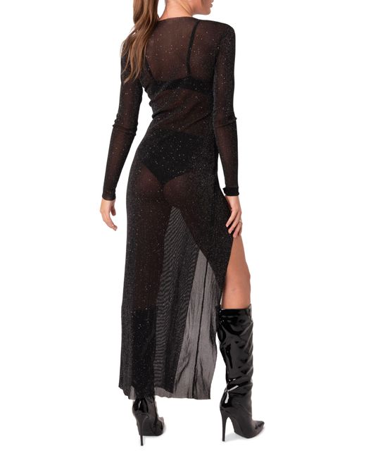 Edikted Black Glitter Mesh Slit Maxi Dress