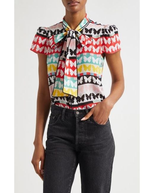 Alice + Olivia Jeannie Butterfly Print Silk Top in Blue | Lyst