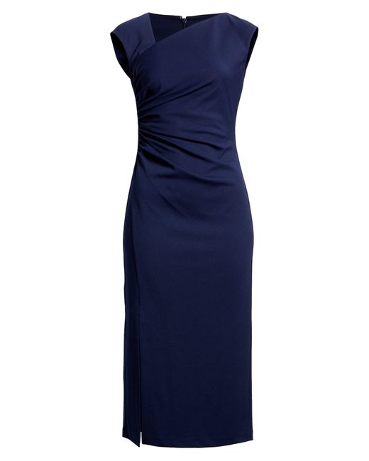 Anne Klein Blue Asymmetric Neck Side Ruched Midi Sheath Dress