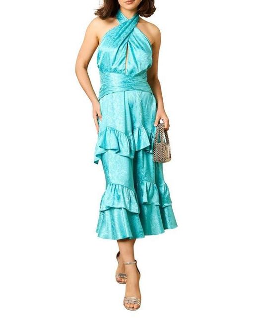 Oasis Blue Halterneck Satin Jacquard Midi Dress