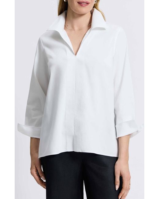 Foxcroft White Agnes Split Cuff Popover Blouse