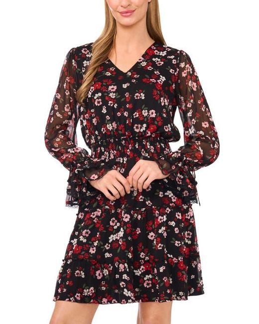 Cece Red Floral Long Sleeve Fit & Flare Dress