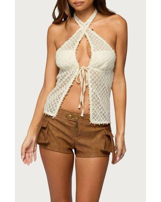 Edikted Brown Sheer Net Sequin Split Front Top