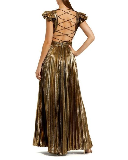 Mac Duggal Brown Ruffle Sleeve Cutout Pleated Metallic Gown