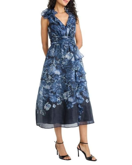 Maggy London Blue Ruffle V-Neck Organza Cocktail Dress